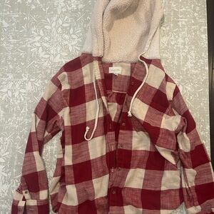 American Eagle Outfitters Red and Cream Checkered Hoodie
